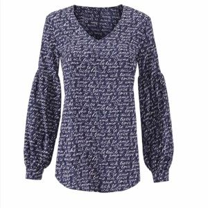 Cabi Navy and White Love Print Top
Size M